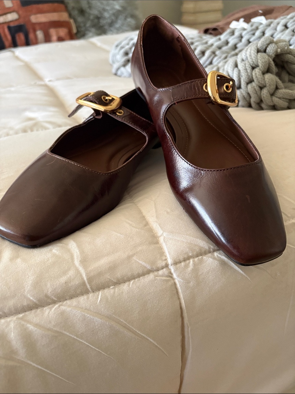 Classic Mary Jane Flats in Dark Brown with Gold Buckle - Picture 2 of 7